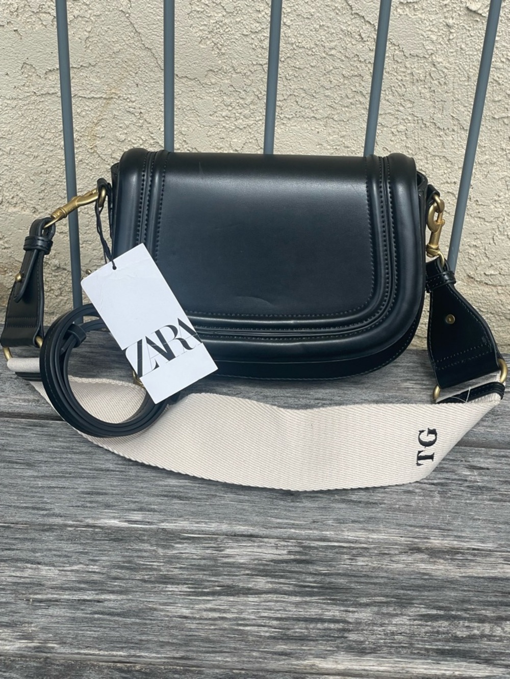 Zara Black Leather Crossbody Bag with Cream Canvas Strap